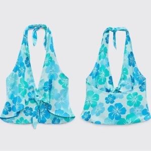 Zara blue green flower silk halter top